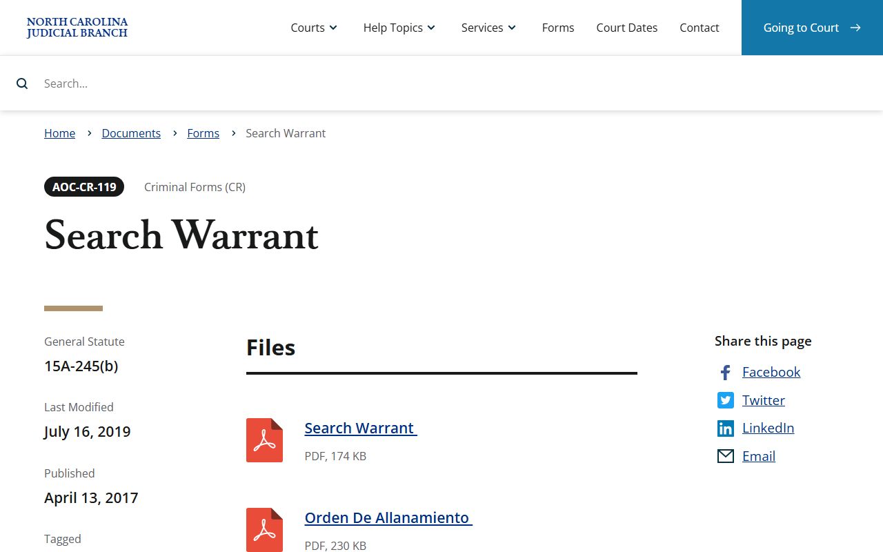Stokes County arrest records and court charges NC search warrant form page
