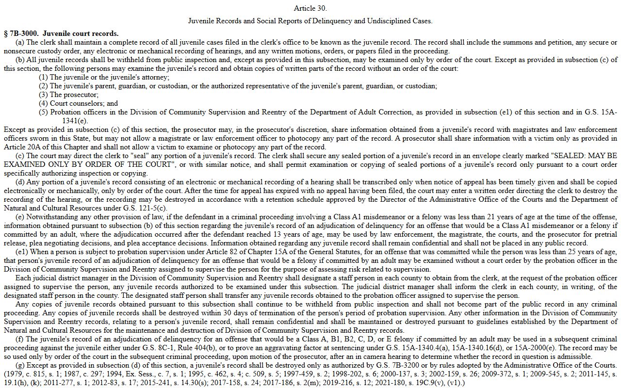 Stokes County criminal court records G.S. 7B-3000 juvenile records