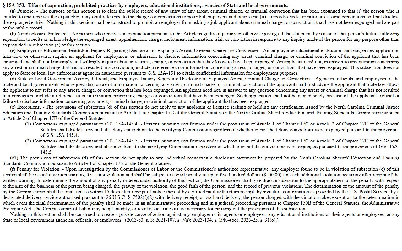 Stokes County criminal court records G.S. 15A-153 expunction effect