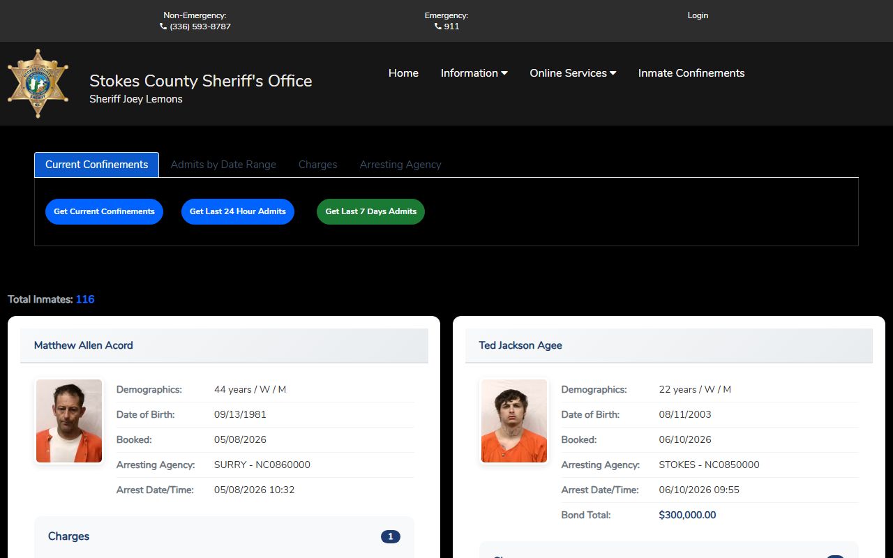Stokes County inmate records roster search interface