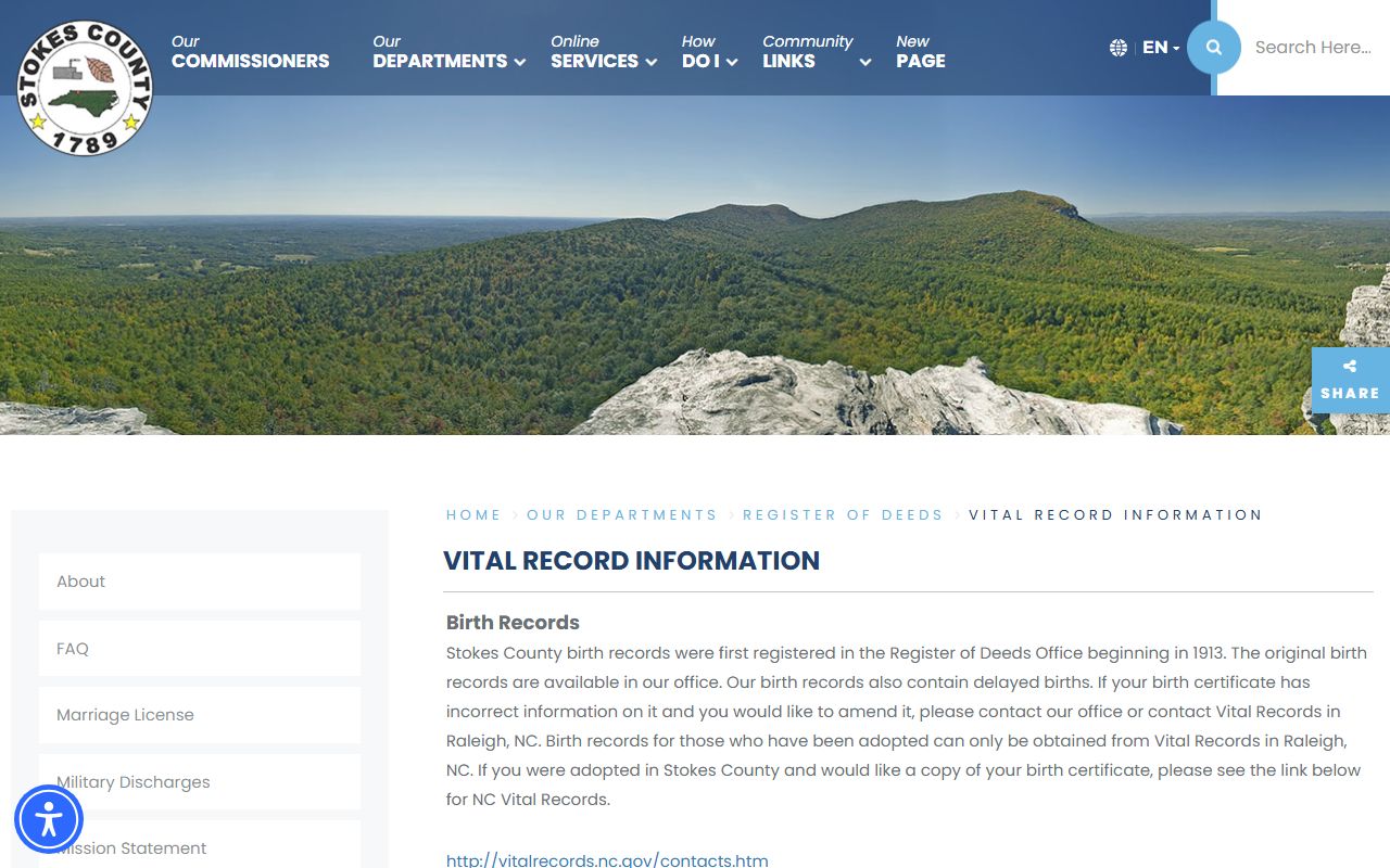 Stokes County vital record information page for marriage records and copies