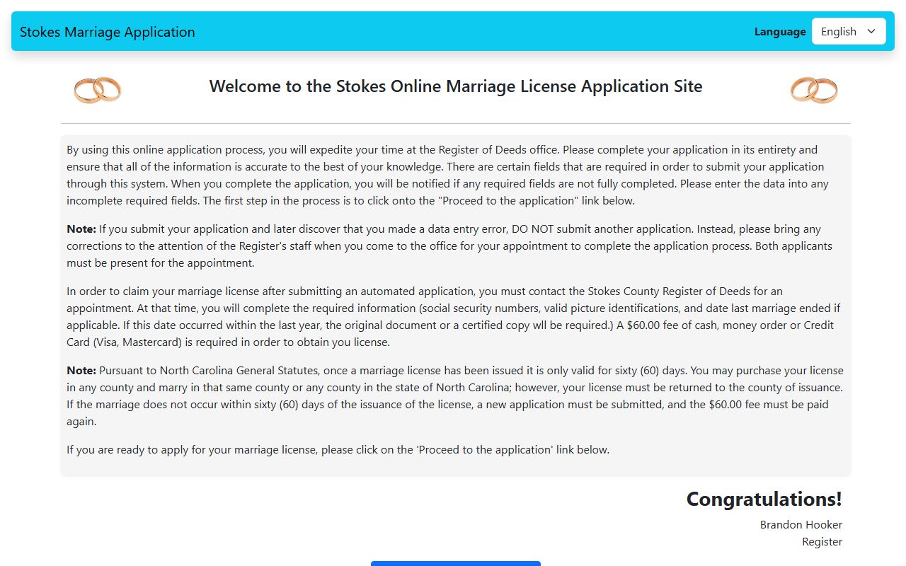 Stokes County online marriage application welcome page
