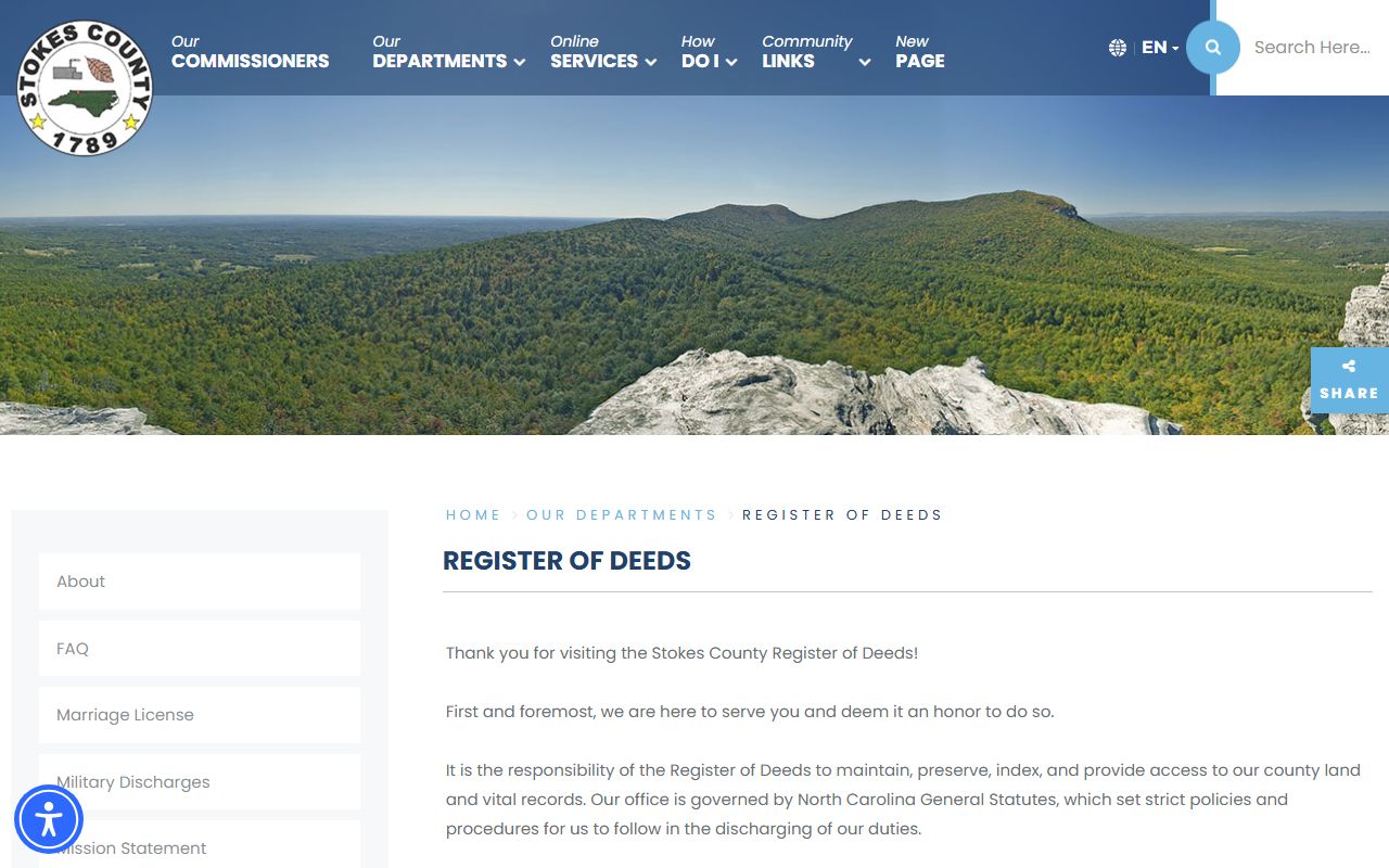 Stokes County Register of Deeds page for marriage and vital records