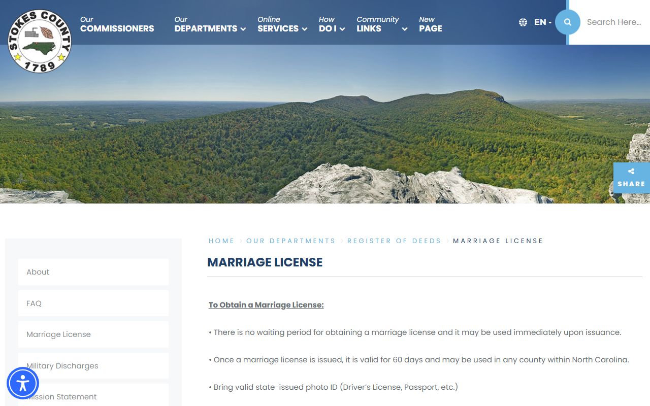 Stokes County marriage license requirements page
