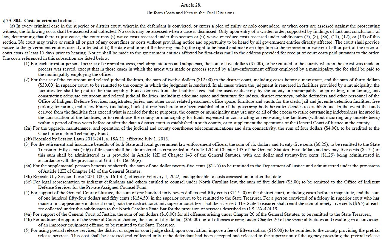 Stokes County traffic court records North Carolina court costs statute