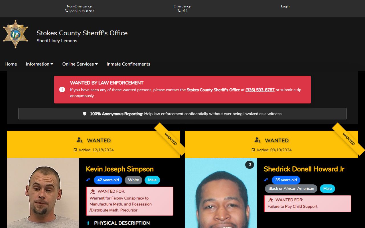 Stokes County warrant records Most Wanted page
