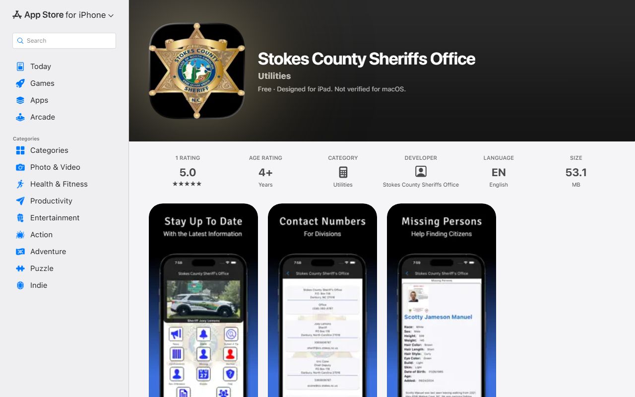 Stokes County warrant records sheriff app Apple listing